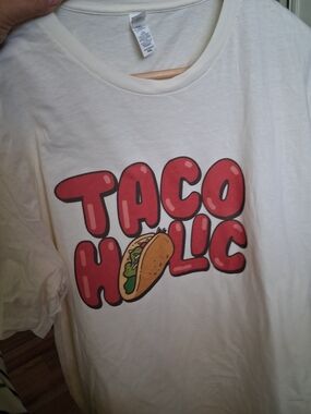 next White Tee with Red 'TACO HOLIC' Graphic and Yellow Taco
